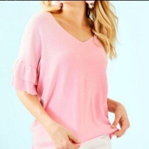 Lilly Pulitzer Pink Ruffle Sleeve V Neck Knit Top Eyelet Detail Size S Preppy